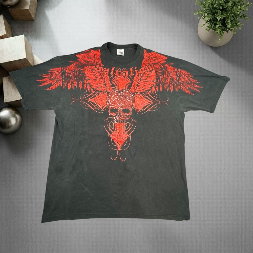 Big Tiger Salvation tee Mens 3XL Tall Black Red Skull Wing Y2K Grunge Rhinestone
